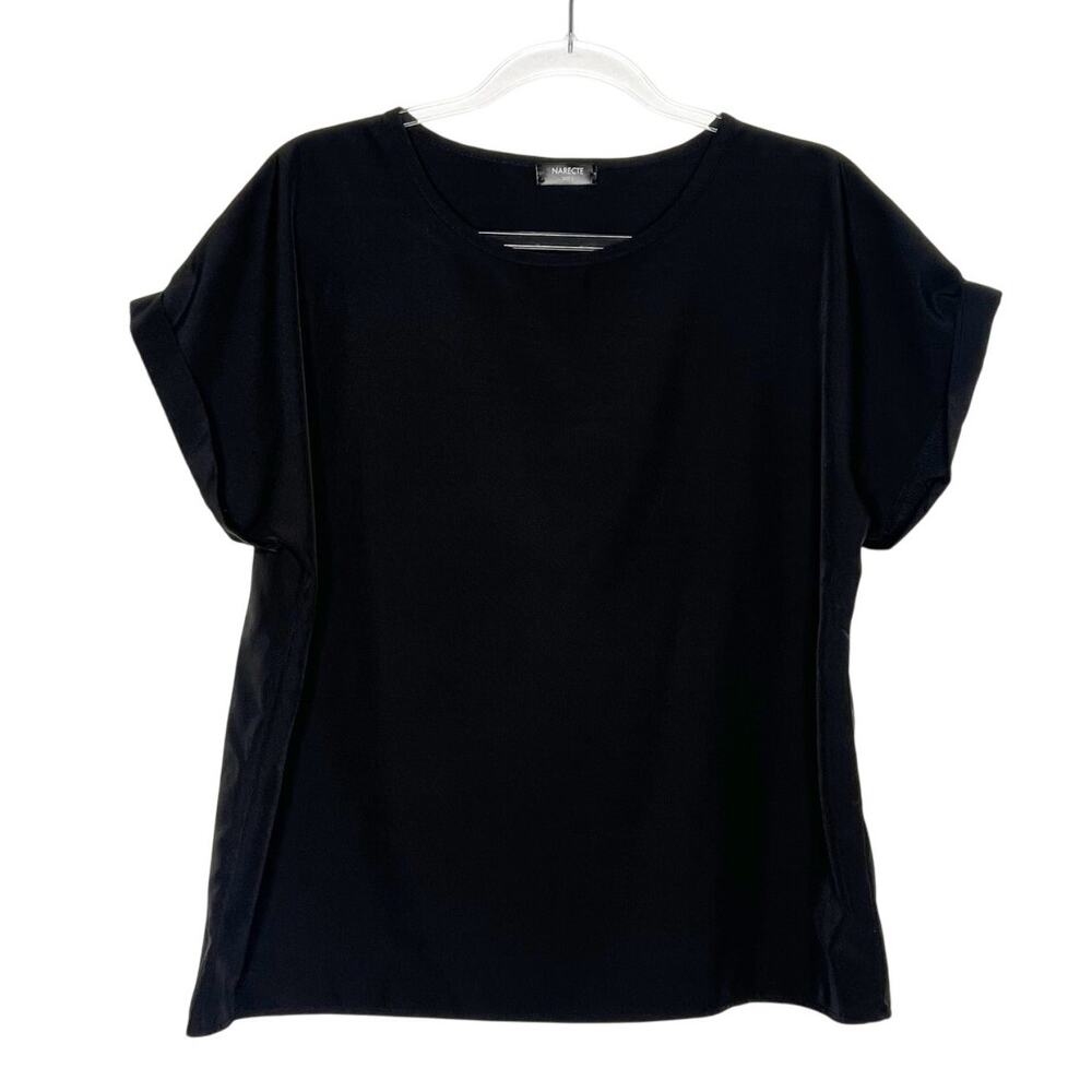 NARECTE Casual Blouse Round Neck Rolled Cuff Sleeve Lightweight Black Womens L - Picture 7 of 7